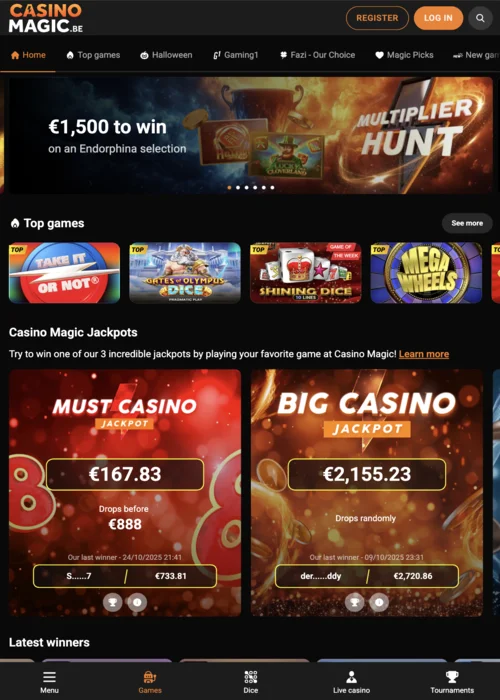 MagicWins Casino hoofdpagina met magische jackpots en betoverende slot machines